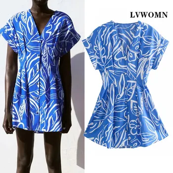 LVWOMN Za Suknelė 2021 Moterys Vasarą Blue Print Mini Suknelė Moterų V-kaklo trumpomis Rankovėmis Prarasti Moterų Drabužių Chi Skraiste Atsitiktinis Suknelės