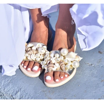 Naujas Moterų Mados Šlepetės Vasaros Plokščiadugnis Rankų Darbo Pearl Shell Stiliaus Moteris Sandalai Lauko Paplūdimys, Atviri Pirštai Batai Plius Dydis