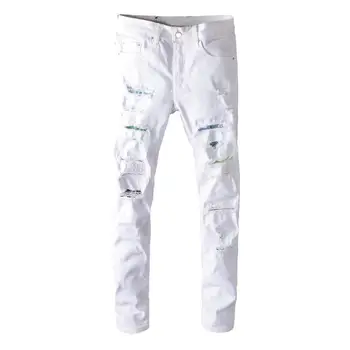 Nauji vyriški vyriškos kelnės gatvės mados prekinio ženklo spalvų deimantų inkrustuota balta ripped jeans mens jaunimo slim stretch denim kelnės