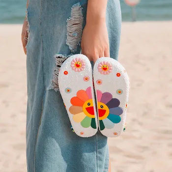 Vasaros Paplūdimio Šlepetės 3D Šypsosi Saulėgrąžų Platforma Sandalai Moterims Atsitiktinis Butai Fifo Ponios Ne Namie Vonios Patalpų Batai