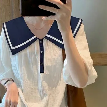 Marškinėliai Moterims Sailor Apykaklės Prarasti Kawaii Merginos Visos Rungtynės Streetwear Stilingas, Jaukus Mielas Saldus Derliaus Mygtuką Ulzzang Atsitiktinis 2021