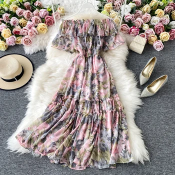 Nauja Vasaros kilimo ir tūpimo Tako Moterų Gėlių spausdinti Šifono Kratinys Suknelė Aukštos Kokybės Pynimas Elastinga Juosmens Suknelės Moterų Vestidos