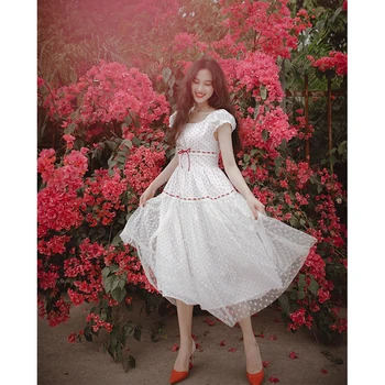 Suknelė Moterims Vasaros Derliaus Elegantiškas Raudonas Polka Dot Suknelė Korėjos Mados Lolita Saldus Medvilnės, Baltos Spalvos Suknelė Akių Midi Suknelė