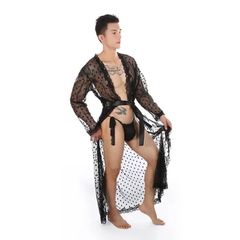 Seksualus apatinis Trikotažas Skraiste, Nėriniai Vien Ilgas Chalatas naktiniai drabužiai Erotika Matyti Per Vyrų Apatiniai Padažu Suknelė ir Nėrinių Diržas Sleepwear