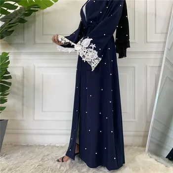 Arabų Dubajus Abaja Kimono Hijab Musulmonų Moterims Duobute Pearl Nėrinių Skraiste Marocain Kaftan Turkijos Islamo Drabužių Open Cardigan