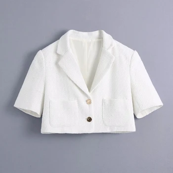 2021 naujas moterys vasarą baltas kostiumas trumpomis rankovėmis V-kaklo, vieną krūtinėmis kišenėje atsitiktinis mados moterų trumpas Švarkas viršuje drabužiai
