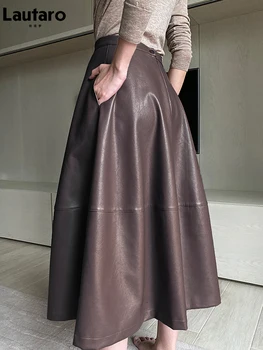 Lautaro Rudenį High waisted ilgas odinis sijonas moterims mygtuką linija, Black midi minkšta Šviesa dirbtiniais odos sijonai moterims 2021