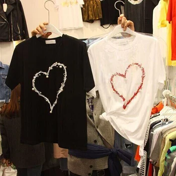 Širdies Formos Baltas trumparankoviai Sunkus Darbas T-shirt Moterų Summer Tee Dizaineris Moterų Drabužių Viršų Harajuku Kpop Tees