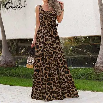 2021 Celmia Vasarą Moterys Bohemijos Maxi Suknelė Seksualus Rankovių Leopardas Spausdinti Šalis Suknelė Elegantiškas Atsitiktinis Palaidų Sundress