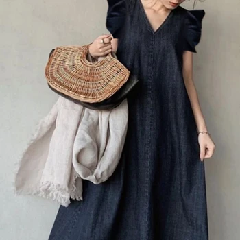 Pynimas rankovės moterų suknelė vasaros laiko linijos plėtra korėjos japonija 2021 naujas prašmatnus atsitiktinis v-kaklo maxi skraiste femme vestiods