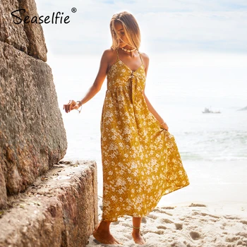 SEASELFIE Geltona Gėlių Paplūdimio Suknelė Seksualus V-kaklo Spagečiai Dirželiai Bowknot Midi Suknelė 2021 Naujas Vasaros Rankovių Sundress Vestidos