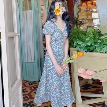 DAXIN Moterų V-Kaklo Gėlių Spausdinti Suknelė korėjos Stiliaus Elegantiškas Ponios Atsitiktinis-line Susiėmę Vestidos Trumpas Rankovės 2021