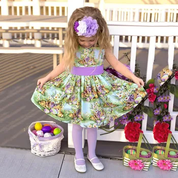 2021 Kawaii Girl Dress Bamblys Kūdikių Mergaičių Rankovių Velykų Animacinių filmų Triušis Spausdinti Princesė Dress Skraiste Mados Suknelė（6m-4t）