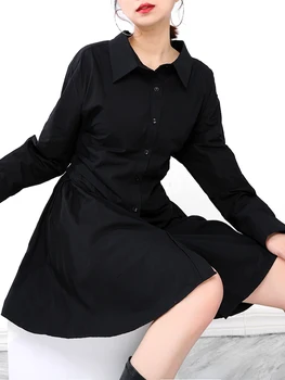 [EAM] Moterys Black Atgal Klostuotas Mini Marškinėliai Suknelė Naują Atvartas ilgomis Rankovėmis Palaidi Tinka Mados Banga Pavasario Rudens 2021 1DD807401