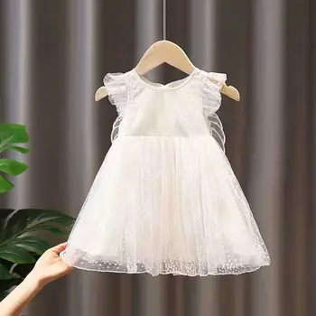 Drugelio Sparno Suknelė Mergaitėms Baltos spalvos Nėrinių Suknelė Cute Kūdikių Drabužiai Vasarą Gimtadienio