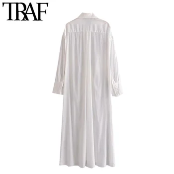 TRAF Moterų Prašmatnus Su Mados Mazgas Priekiniai Ritininės Balta Midi Marškinėlius Vintage Suknelė ilgomis Rankovėmis Mygtuką-iki Moterų Suknelės Mujer