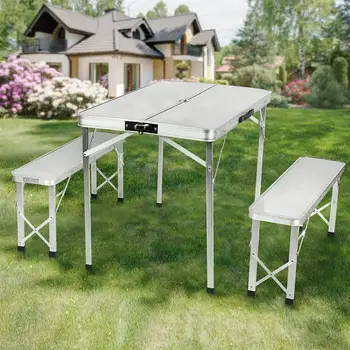 Nešiojamų Aliuminio lydinio, Sudedamas stalas Su 2 Kėdėmis Daugiafunkcinis kiosko lentelė Siamo GRILIS Kempingas lentelė HWC