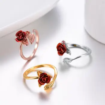 Moterų Žiedas, Raudona Rožė, Sodo Gėlių, lieka Atviras Žiedas keičiamo dydžio Piršto Žiedai Moterų Valentino Dienos Dovana, Papuošalai