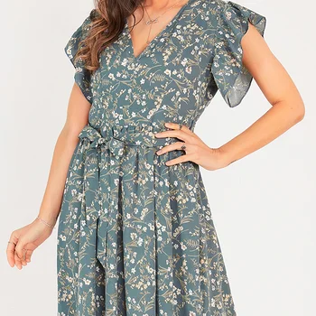 Nauja Vasaros Moterų Ilga Suknelė Atostogų Stiliaus Blue-line V-kaklo Diržas, Lankas Gėlių Spausdinti Trumpas Rankovėmis Slim Saldus, Elegantiškas Suknelės