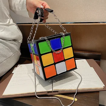 Mažos Rankinės Moterims Rubik ' s Cube Dizaino Moterų Rankinėje Aikštėje Mini Rankinės Su Metalo Grandinės Odos Crossbody Krepšys