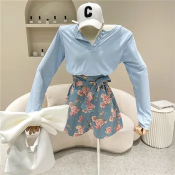 Naujas moteriškų drabužių Pavasario Vasaros 2021 Mados Kietas long sleeve T-shirt Gėlių šortai Dviejų dalių komplektas