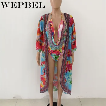 WEPBEL 2 Vienetų Komplektas Vasaros Moterų Paplūdimio Drabužiai Seksualus Bikini Komplektas Gėlių Spausdinti Apynasrio vientisi maudymosi kostiumėlį ir Padengti Iki Rinkiniai
