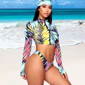 2020 Naujas Moterų Aukšto Juosmens Lapų Spausdinimo Push-up Paminkštintas Bikini Komplektas Užtrauktukas ilgomis Rankovėmis maudymosi kostiumėlį Lankelis maudymosi Kostiumėliai, Maudymosi 3PCS