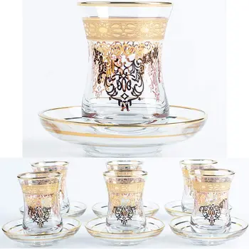 Turkiška Arbata Akinius Puodukų Rinkinys 6 ir Lėkštutes su Vintage Gold Maroko Kristalų Supjaustyti Decors už labui ir Geriamojo Housewarmin