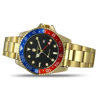 Wealthstar aukso vyrų laikrodžiai, prabangūs naujos markės Auto Data kvarciniai laikrodžiai, nerūdijančio plieno, aukso, juoda mėlyna Žalia Klasikinis Žiūrėti GMT