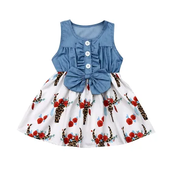 1-5T Bamblys Mergina Gėlių Džinsinio audinio Suknelė Mergaitės Bowknot Mygtuką Sundress Vasaros Rankovių Suknelės, Drabužiai