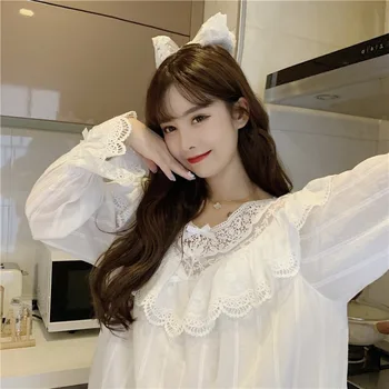 Korėjos Stiliaus Saldus Lace V-kaklo, ilgomis Rankovėmis Nightdress Pižama Moterų Pavasarį Naują Homewear Dviejų dalių Rinkinys lolita dress