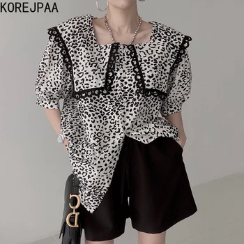 Korejpaa Moterų Marškinėliai 2021 M. Vasarą Korėjos Elegantiškos, Madingos Retro Nėrinių Atvartas Single-Breasted Prarasti Sluoksniuotos Rankovėmis Leopardas Spausdinti Palaidinė