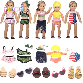 Naujas Kieto maudymosi kostiumėlį Lėlės Bikini+Akiniai nuo saulės, Maudymosi Kostiumas, Paplūdimio Sandalai Plaukimo Tinka Reborn Baby 43cm Merginos 18 Colių Amerikos Lėlės