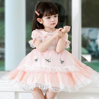 21 Nauja Boutique Mergaičių Suknelė Vasaros Vaikų Princesė Dress Kūdikių Sluoksniuotos Rankovėmis Medvilnės, Siuvinėta ispanų Vaikų Šalis Drabužiai