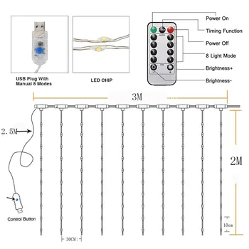 Kūrybos Šalis Dekoro Užuolaidų Žibintai 8 apšvietimo režimai USB String Lemputė Su Nuotolinio Valdymo vidaus/Lauko dekoracijos