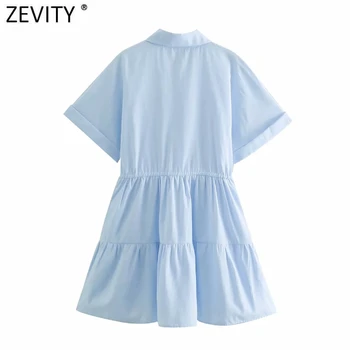 Zevity Naujas Moterų vientisos Spalvos Juosmens sutraukimo juostelę Klostes Shirtwaist Moteriška Suknelė trumpomis Rankovėmis Chic Atsitiktinis Kimono Mini Vestido DS8164