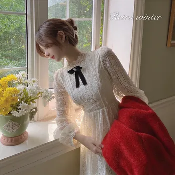 Prancūzų nėriniai ilgomis rankovėmis moteriška suknelė nauja han edition ugdyti dorovės princesė dress temperamentas megztinis kailis