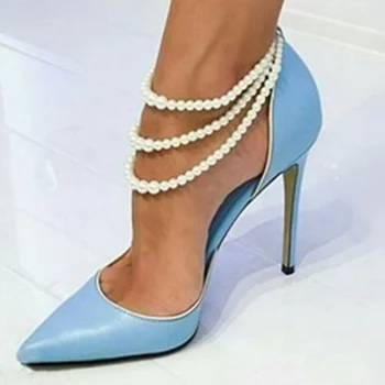Minan Sa Moterų nurodė, aukštakulniai, moteriški light blue nude bateliai su pearl grandinės mados sexy batai, sandalai moterims