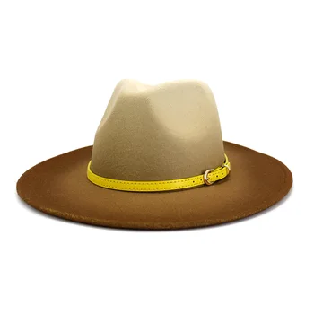 Gradientas Džiazo skrybėlės kaubojaus skrybėlę moterų ir vyrų žiemos vyrų dangtelis Geltonas odinis diržas vilnos melonik skrybėlę didmeninės