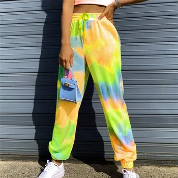 Neon tie dažai Poilsiu Aukšto Juosmens Ilgai Baggy Pants Moterų Sweatpants Laisvas Kelnes 2021 M. Vasaros Nėriniai Kelnes Drabužių Streetwear Iki