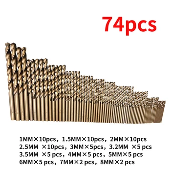 74pcs HSS CO/M35 Twist Drill Bits 1/1.5/2/2.5/3/3.2/3.5/4/5/6/7/8mm Praktinių Twist Drill Bit Nustatyti Pjovimo Gręžimo