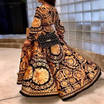 2019 Afrikos suknelė vintage spausdinti ilgomis rankovėmis suknelė su v-kaklo megztinis vintage stiliaus pločio plyšio Suknelė