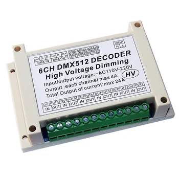 6CH DMX512 Dekoderis Aukštos įtampos reguliavimas 6 kanalų AC110V - 220V, 4A/CH DMX HV Dekoderis dimeris valdybos kaitinamosios lemputės