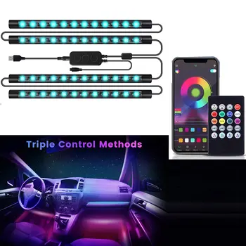 4 in 1 Automobilis Interjero Koja Grindų Apdailos Lemputes Atmosfera Apšvietimas RGB LED Juostos Lempos USB 