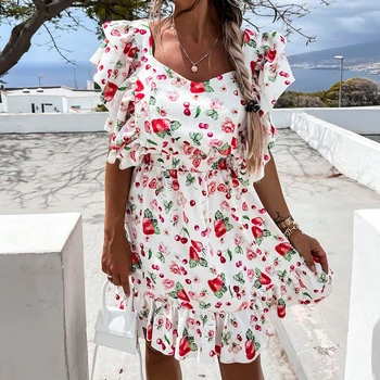 Vasaros Drugelis Rankovės Gėlių Spausdinti Suknelė 2021 Moterų Pynimas Aikštėje Apykaklės Atgal Nėriniai-up Sundress Boho Linijos Beach Party Dress