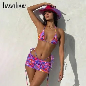 Hawthaw Moterys Vasarą Sexy V Kaklo Spausdinti Liemenėlė Viršūnes Paketo Klubo Mini Sijonas Paplūdimio Dviejų Dalių Rinkinys, Maudymosi Kostiumėliai, 2021 Moterų Drabužiai