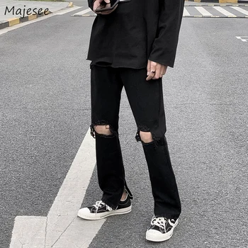 Džinsai Vyrams Dizaino Skylę Kankina Jean Juoda Pusėje-dumblo Harajuku Streetwear Kulkšnies ilgio Tiesus Džinsinio audinio Kelnės Hip-Hop Ulzzang Paaugliams