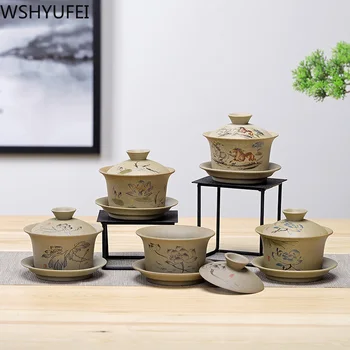 WSHYUFEI Jingdezhen keramikos Gaiwan dubenį Kinų stiliaus Keramikos retro arbatos rinkinys Rankų darbo Burbulas arbatos dubenėlį Kelionės Arbatos puodelio 150ml