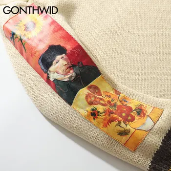 GONTHWID Van Gogh Rankovės Kratinys Megztinis Mezgimo Megztinis 2019 Mens Hip-Hop Siuvinėjimo Crewneck Trikotažas Megztiniai Streetwear Viršūnės