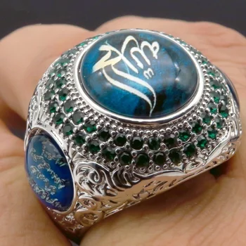 Naujų Religinių Islamo Musulmonų Runų Raštą Modelio Žiedas Vyrų Žiedas Bohemijos Green Crystal Inkrustacijos Žiedas Aksesuarai, Šaliai, Papuošalai